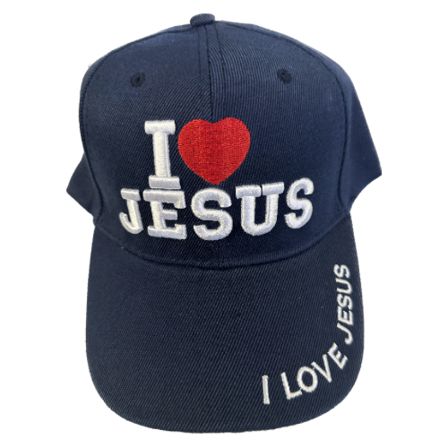 Sombrero azul con la frase "Amo a Jesús"