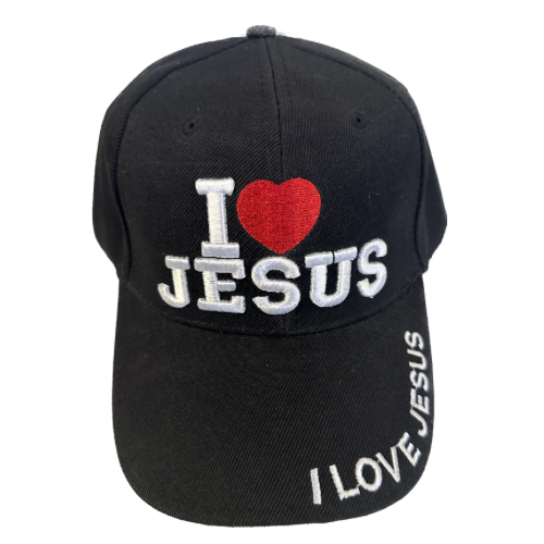 Sombrero negro con la frase "Amo a Jesús"