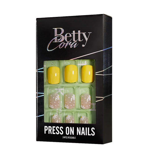 Short Press on Nails, BettyCora Reusable UV Finish Neutral 12 Sizes,24 Nail Kit with Glue,Yellow Flowers