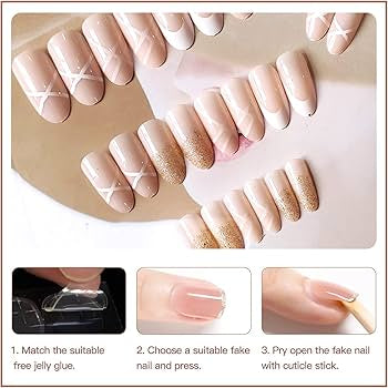 24 Pcs Press on Nails Medium, Khaki glitter rhinestones French Tips Fake Nails