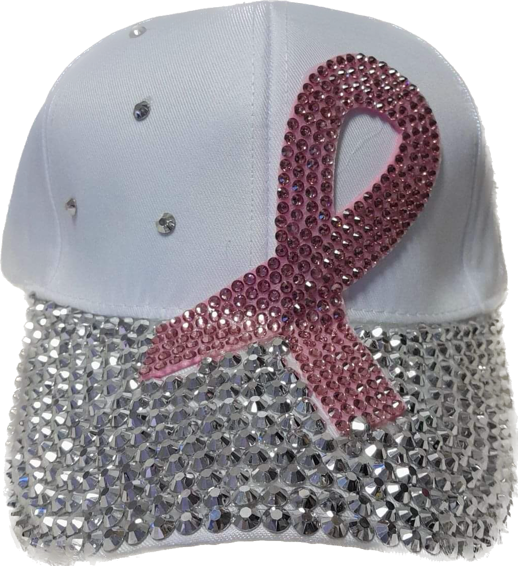 White Brest Cancer Awareness Hat with Rinestones