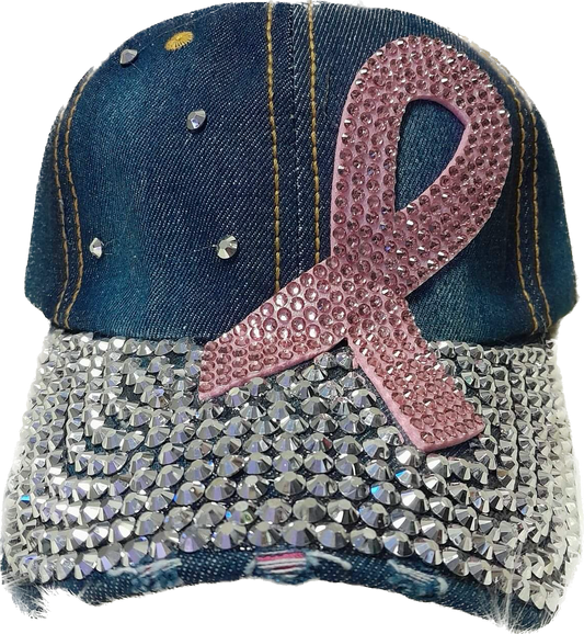 Dark Blue Breast Cancer Awareness Hat with Rhinestones